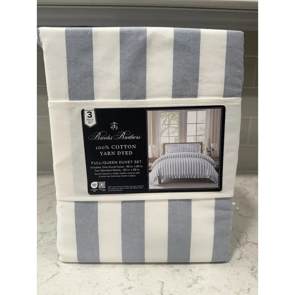 New Brooks Brothers Cotton Queen Full Duvet Set (3 Pc) Blue Striped Ruffle Cute
